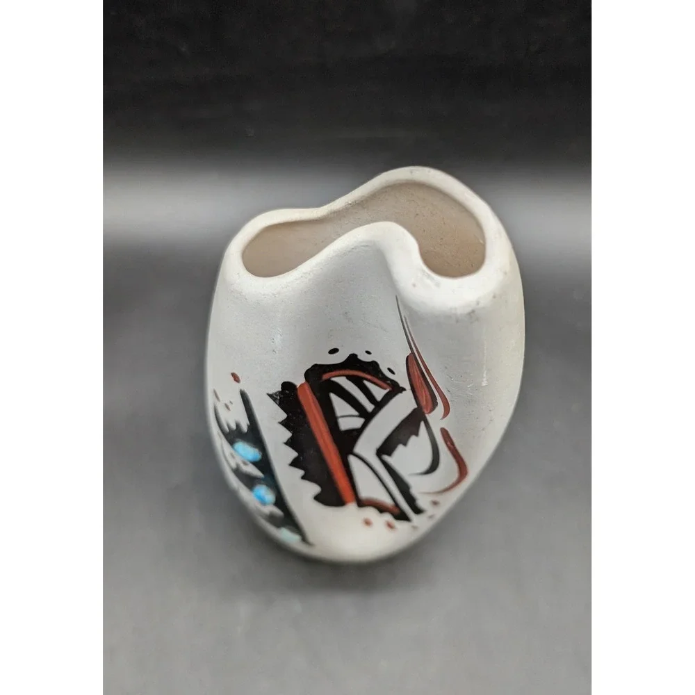 Signed Southwest Ceramic Art Pottery Vase Turquoise Accents White Black 8